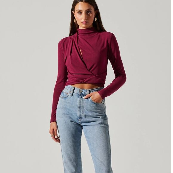 ASTR Asymmetrical Pleated Cutout Mock Neck Top - Picture 2 of 6